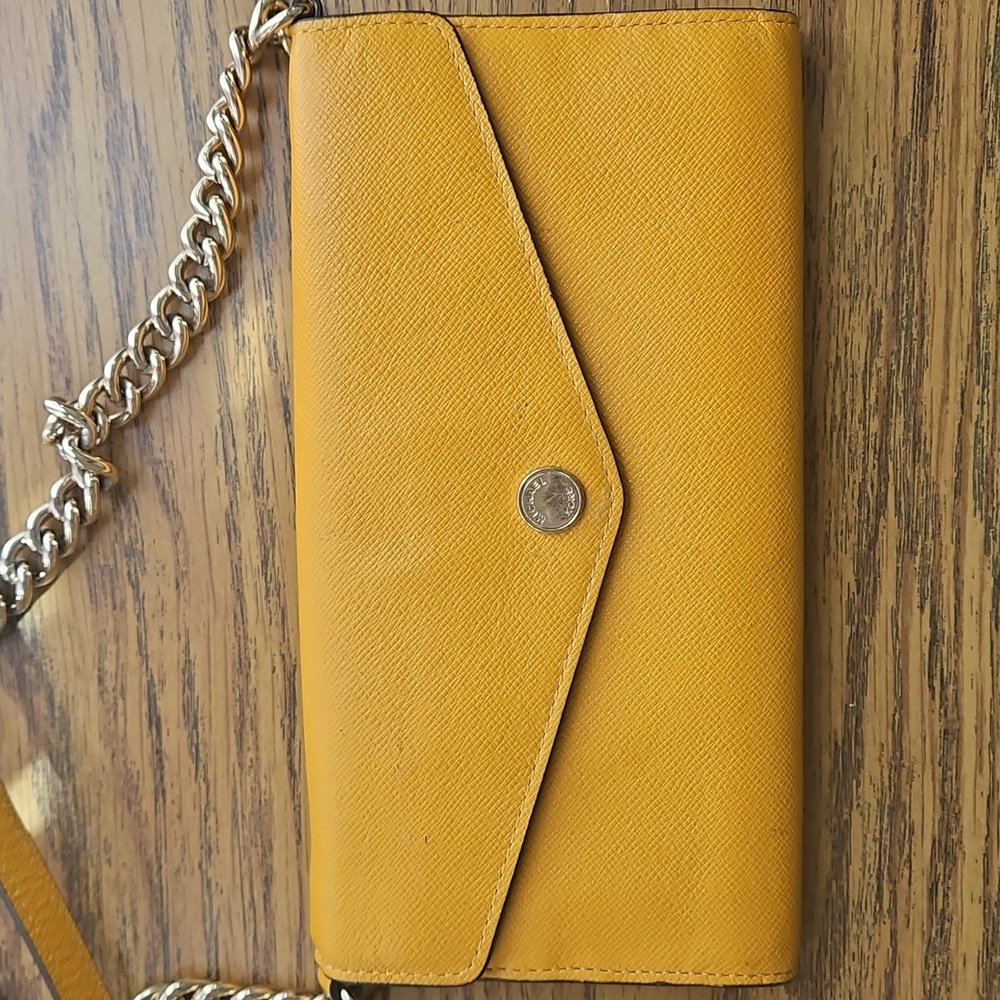 Michael Kors Yellow Saffiano Leather Crossbody Clutch with Dragonfly Charm - Picture 3 of 10